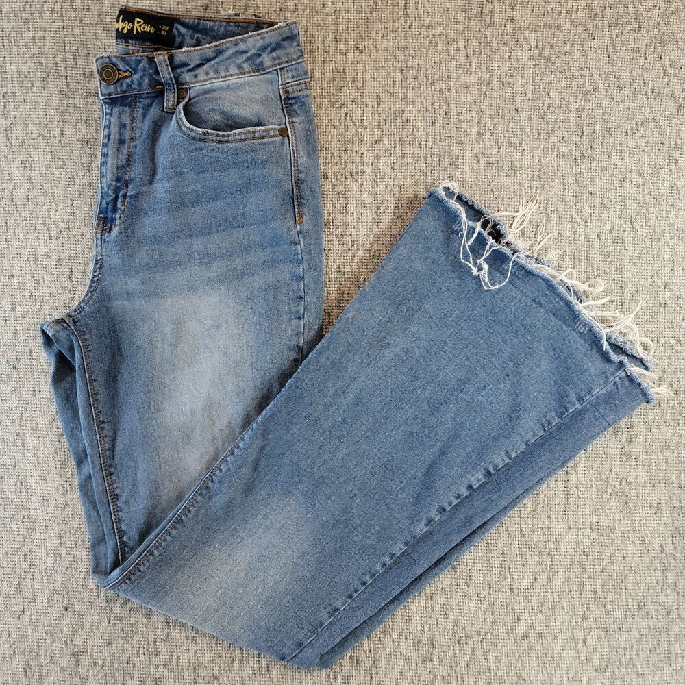 Indigo Rein Distressed Flare Jeans Womens Size 9 Medium Wash Raw Frayed Hem